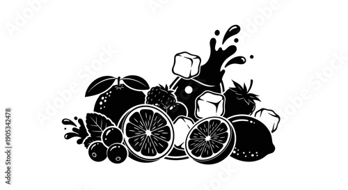 Fresh Fruit Splash with Ice Cubes and Leaves.