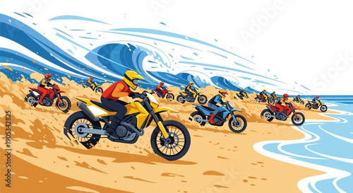 Illustration of a group of motorcyclists racing on a sandy beach with large waves and a stylized design in a vector action style with a sense of speed and excitement.