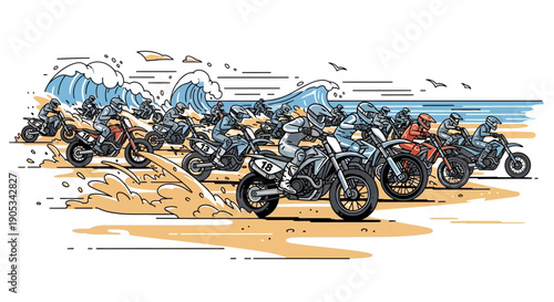 Illustration of motorcycles racing on a sandy beach with a dynamic, action-packed scene of bikes, sand splashes, and a lively atmosphere.