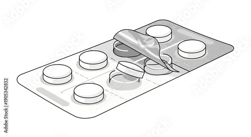 Pills being dispensed from a blister pack viewed from above in a detailed illustration