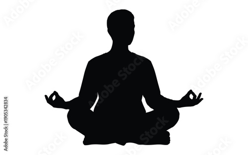 Silhouette of a person meditating in lotus position with hands in mudra gesture on a white background