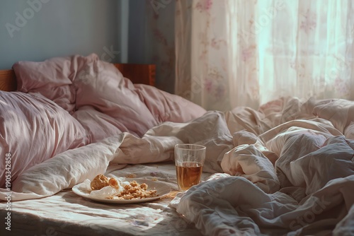 breakfast on unmade bed