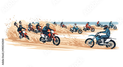 Illustration of a group of motorcyclists racing on a sandy beach with splashes of sand, conveying an action-packed and adventurous mood with a mix of vibrant colors.