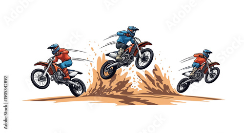 Vector illustration of three motorcyclists racing on a sandy beach with splashes of sand, conveying a sense of action and extreme sport culture.