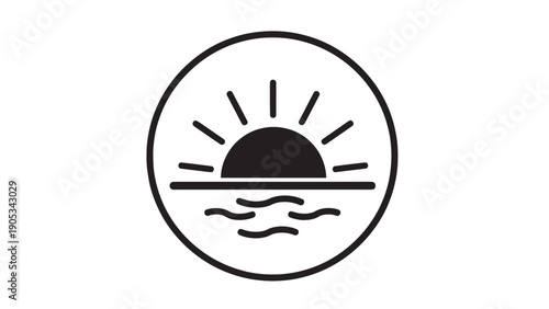 Tranquil beach sunset emblem within a circular sun and wave motif against a simple horizon.