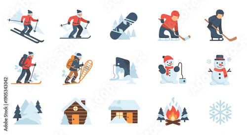 Winter Icons Set Featuring People and Symbols.