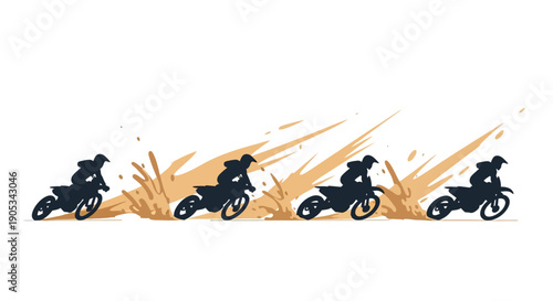 Vector illustration of a bike race on a beach with sand splashes and action-packed scene of extreme sport culture with bikers racing.
