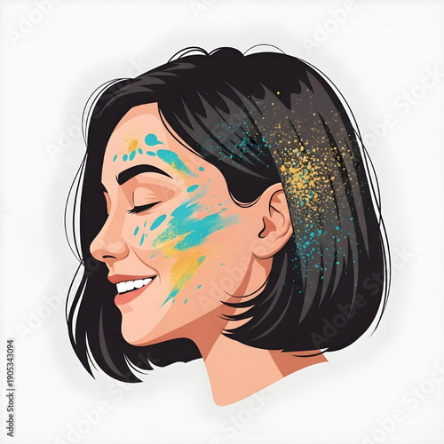 Joyful woman with closed eyes celebrating with vibrant colorful powder splattered on her face and hair, expressing pure happiness