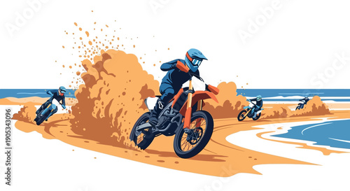 Illustration of a thrilling bike race on a sandy beach with riders racing along the shoreline in a dynamic and action-packed scene.