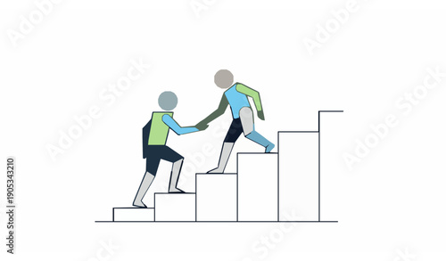 Flat vector of friends collaborating on improvement stairway, helping each other climb toward success