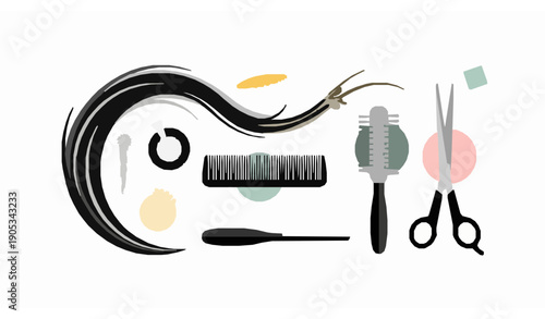 Hair style and beauty elements vector illustration for business card with brushes, scissors, and accessories