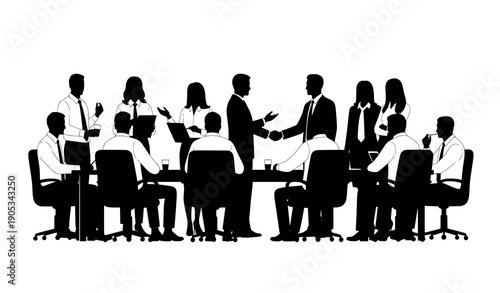 Silhouettes of business men and women sitting in office chairs, meeting and making deals vector illustration