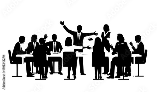 Vector silhouettes of business men and women sitting and talking in office meeting for corporate illustrations