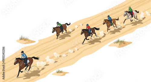 Illustration of a horse racing event on a sandy beach with riders on horseback, conveying a sense of action and sports culture with a vector design style.