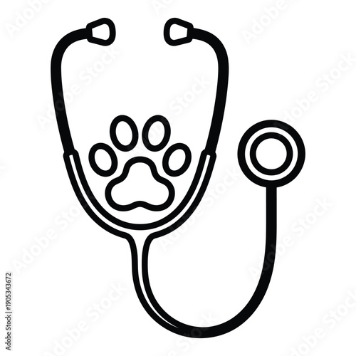 Minimalist vector icon of a stethoscope with a dog paw print in the diaphragm, representing veterinary medicine and animal care.
