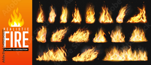 Set of realistic burning fire, flame, bonfire, campfire and fireworks pattern. Fire spark, smoke and wildfire as fuel, energy and power icon. Blaze effect with glitter light on transparent background.