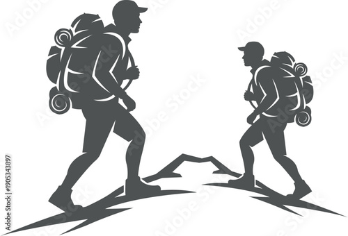 Two hikers with backpacks silhouetted against a stark landscape, symbolizing adventure and exploration on a mountaintop.