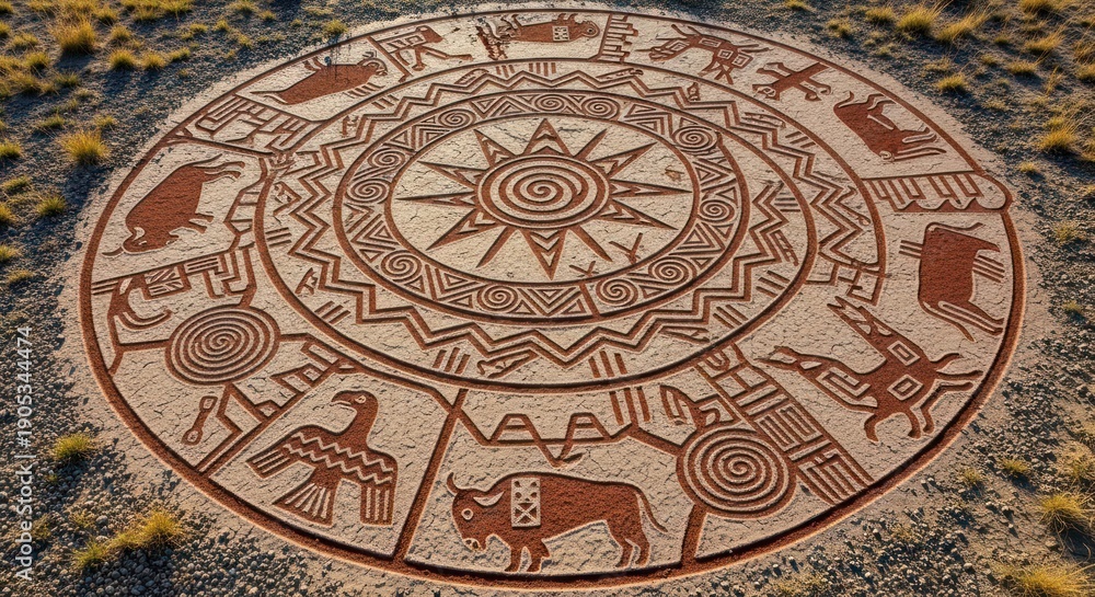 Fototapeta premium Circular earthwork carving depicting symbols and patterns in the desert