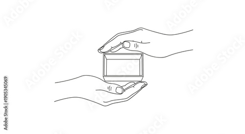 Hands exchanging a credit card in a simple line drawing.