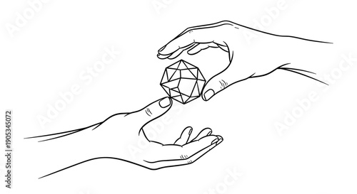Hands exchanging a geometric crystal object.