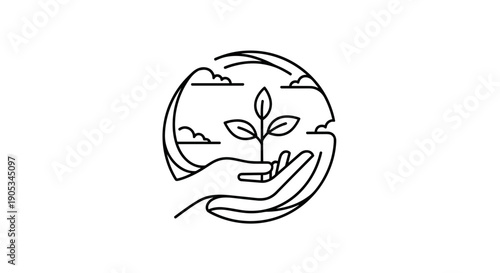 Hands Gently Cupping a Sprouting Plant Under Clouds.