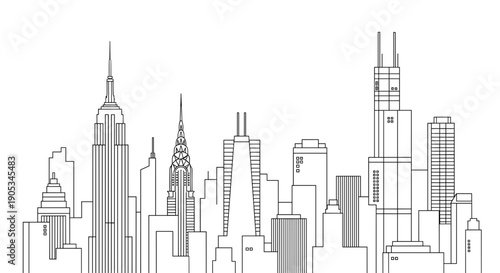 Iconic City Skyline Silhouette Drawing.