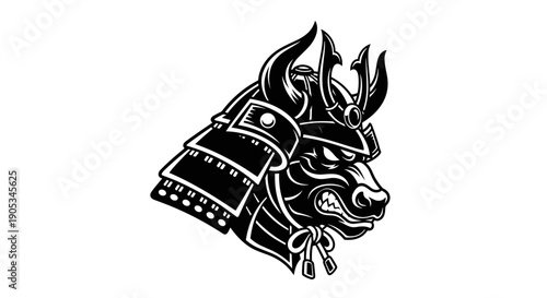 Illustrative Samurai Helmet Emblem with Fierce Demonic Features.