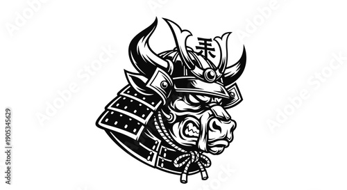 Illustrative Samurai Bull Head Warrior Emblem.