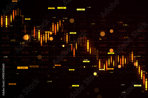 Fotografie Glowing red-orange candlestick chart showing downward stock market trend on dark background with digital numbers and data points displayed