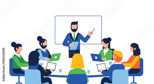 A professional presenter standing and pointing to a whiteboard while addressing a group of seated office workers engaged with laptops in a meeting room