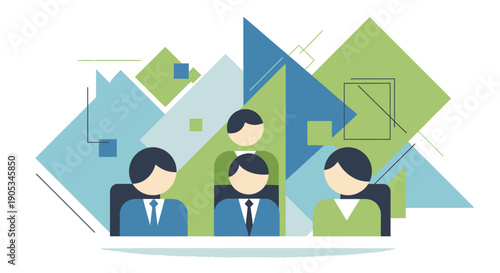 Diverse team collaborating in a modern office environment with geometric shapes