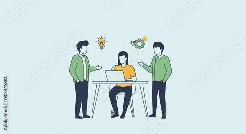 Team collaboration and brainstorming session around a laptop in a modern office setting