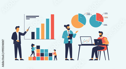 Professionals analyzing business data through graphs and charts in a collaborative office environment from a straightforward viewpoint