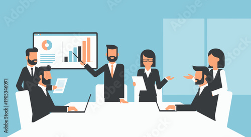 Business professionals engaged in a meeting discussing charts and graphs in a corporate conference room setting