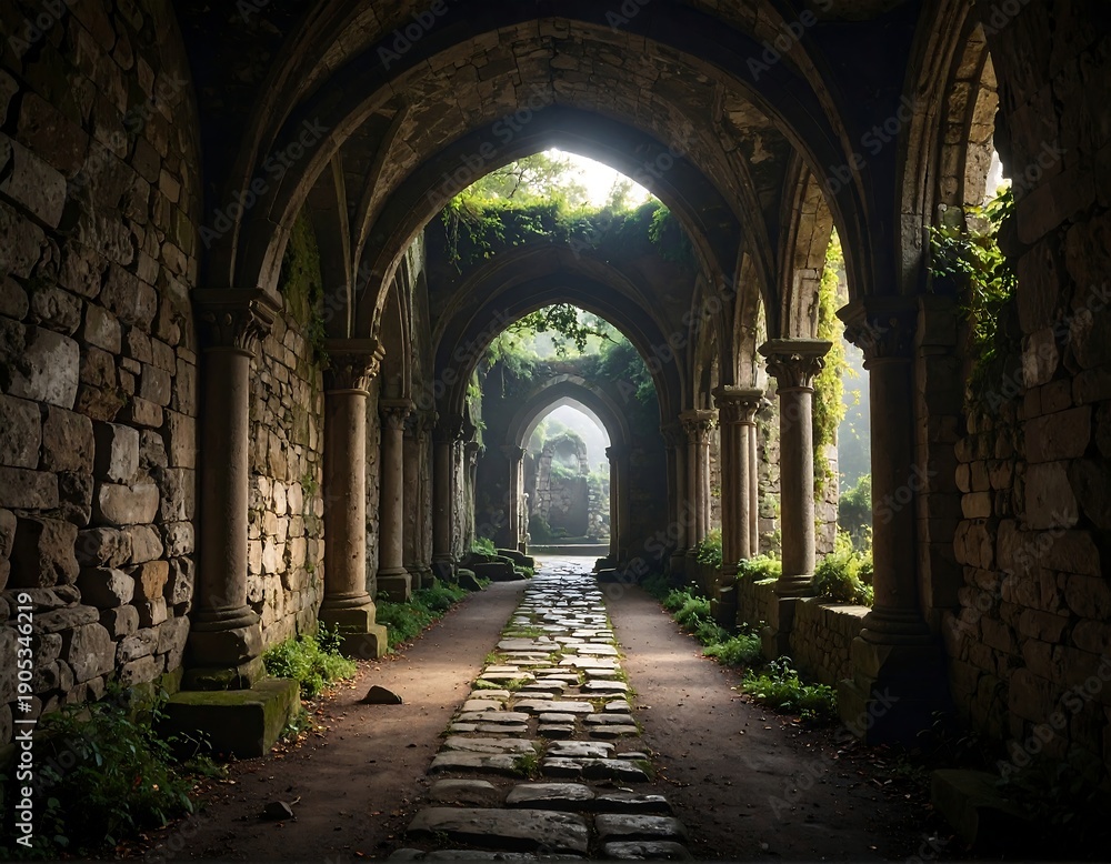 Fototapeta premium A stone arched corridor, sunlight streams through openings, illuminating moss-covered pillars. A misty background suggests an outdoor setting