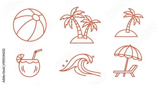 Summer Beach Vacation Icons: Palm Trees, Beach Ball, Cocktail, Wave, and Umbrella