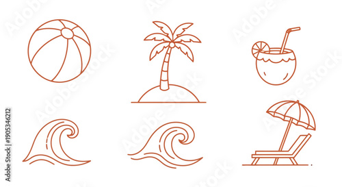Summer Beach Vacation Icons: Palm Tree, Beach Ball, Waves, Coconut Drink, Sunbed