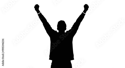 Silhouette of a Man Raising Arms in Victory and Triumph, Celebrating Success
