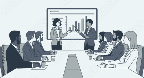 Business professionals engaged in a meeting presentation with graphs and charts displayed on a screen