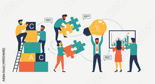 Team collaborating on a project, assembling puzzle pieces together, working on a presentation, standing near a graph, in a modern office environment, from a slightly elevated viewpoint.