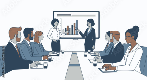 Diverse professionals engaged in a corporate meeting presentation with graphs on a screen