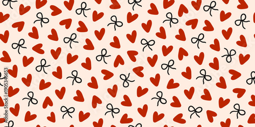 Minimalistic seamless pattern with small red hearts and black bows on a beige background. Vector print for wallpaper, fabric, textile design, wrapping paper.