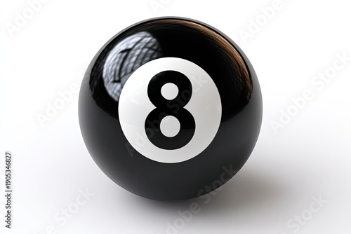 A glossy black billiard ball with the white number 8, casting a slight shadow