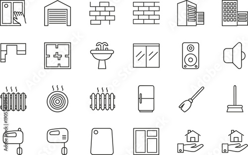Home construction and household equipment line icons set building repair utilities appliances maintenance vector collection symbols