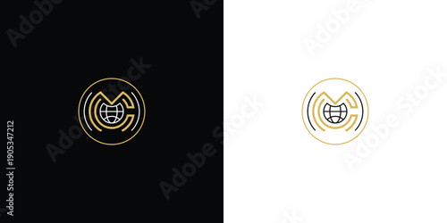 Elegant Gold Circle Logo with Globe and Letters MC Design.