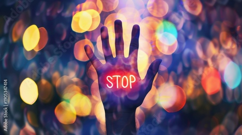 A hand with the word 'STOP' illuminated against a blurred background of colorful lights. The scene conveys a sense of urgency and caution.
