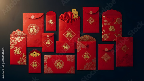 A collection of red envelopes or hongbao with golden chinese symbols and patterns for lunar new year