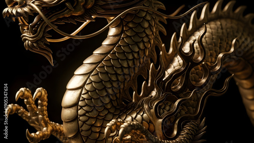 A close up view of an ornate golden chinese dragon statue with intricate scales and fiery details