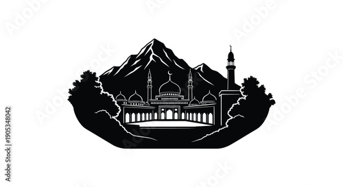 Mosque silhouette with mountains landscape in minimalist black and white design