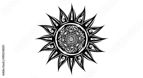 Intricate Tribal Sun Symbol Tattoo Design.